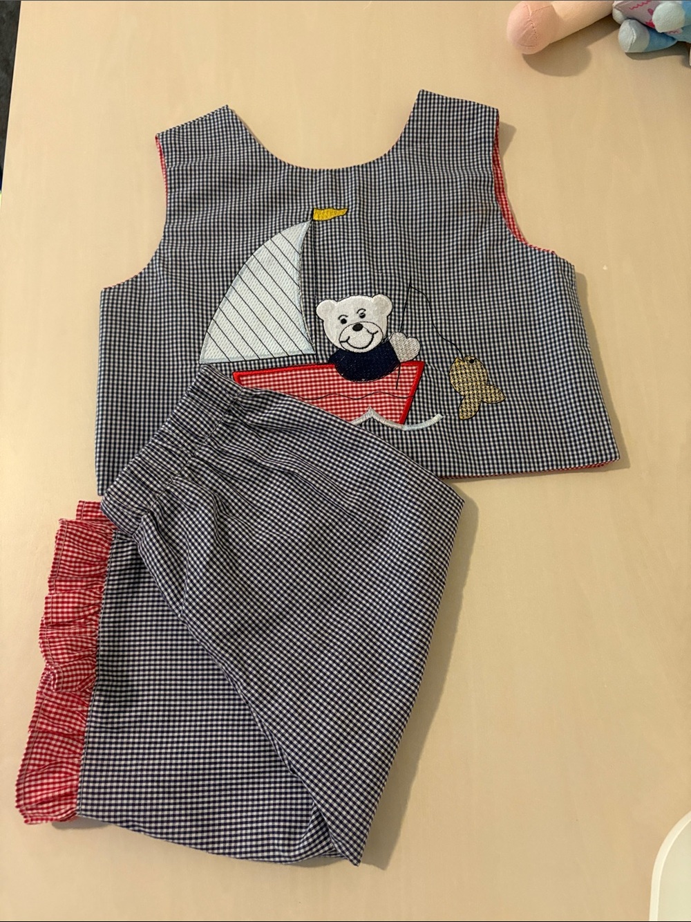 Navy Gingham Bear Sailboat Kids Matching Set Size 2 LIKE NEW